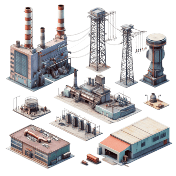 Local power generation units featuring cooling towers and transmission structures in an industrial area, Several elements and units that make up a local power station isolated on transparent png