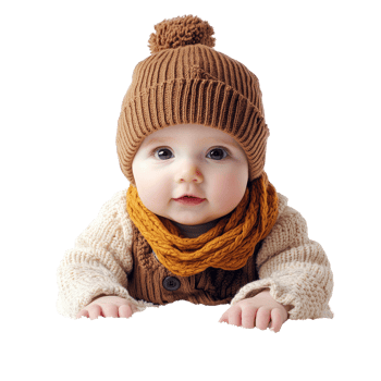 Adorable baby wearing cozy winter attire poses on a soft surface against a transparent background, Baby cos isolated on transparent background png