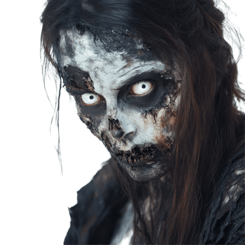 A captivating portrait of a female zombie with haunting transparent eyes against a stark transparent background, Portrait of a Female Zombie with transparent Eyes on transparent background png