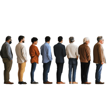 Diverse group of individuals waiting patiently in line against a plain background, file no background Diverse people waiting patiently in line png