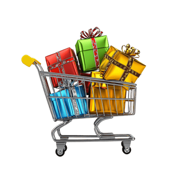 Colorful Christmas gift boxes overflowing from a shopping cart during the holiday shopping season, Christmas gift boxes pop out from shopping cart isolated png