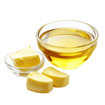 A clear bowl contains oil beside a dish of butter, emphasizing their unique textures and vibrant colors, Butter, margarine and oil isolated png