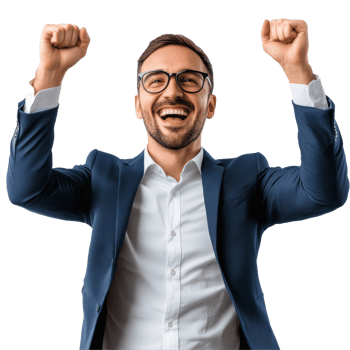 Cheerful businessman celebrating success with excitement at a professional event during daytime, file no background Cheerful businessman celebrating with hands up png