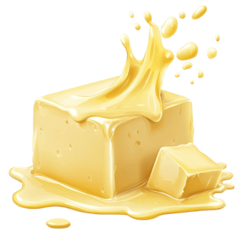 Cube of butter melting and splattering on a transparent background, showcasing rich texture and creamy color in a delicious display, Cube butter melting isolated on transparent background Stock png