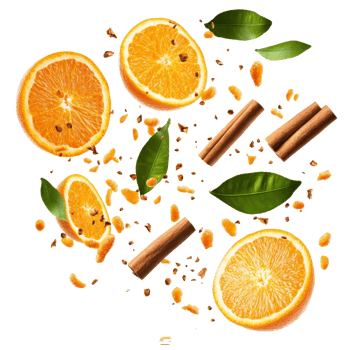 Falling oranges and cinnamon sticks surrounded by green leaves on a clean transparent background, falling oranges and cinnamon with leaves isolated on transparent background png