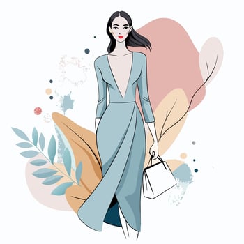 fashion illustration of a beautiful woman in a blue dress with flowers vector