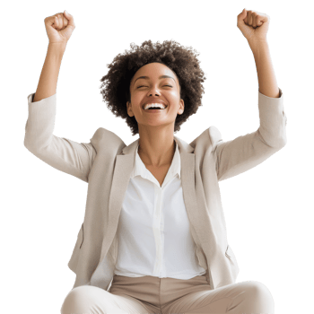 Woman celebrating joyfully in a business suit, expressing happiness and success in a bright environment, file no background Woman sitting and celebrating with raised arms png