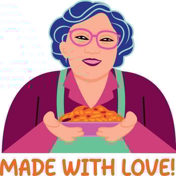 A flat style sticker showing a grandma cooking pie with love vector
