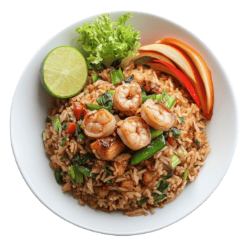Delicious Thaistyle fried rice with shrimp paste, fresh vegetables, and lime served on a transparent plate, Fried rice with Shrimp paste, Thai style food on transparent background png