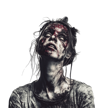 A haunting portrayal of a female zombie with a grim expression against a stark transparent background, zombie female on transparent background png
