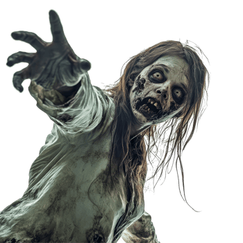 A zombie woman reaching out with a haunting expression against a stark transparent background, Zombie Woman Reaching Out on transparent background png