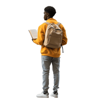 Student holding a book while standing with a backpack in a casual environment during daytime, Student standing and holding a book back view file no background png