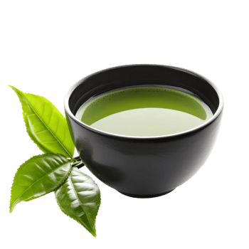 Experience the vibrant taste of matcha green tea in a sleek black bowl with fresh leaves beside it, Matcha green tea in black bowl and leaves isolated on transparent background png