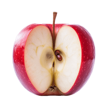 Half of a red apple isolated on a transparent background, showcasing the fresh and juicy inner flesh and seeds, Half of red apple isolated png