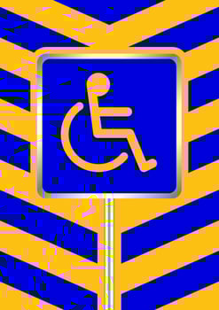 disabled signs blue colors on blue and yellow stripes frame background, sign boards of disability slope path ladder way sign badge for disabled, disabled symbol signs yellow stripes boards template vector