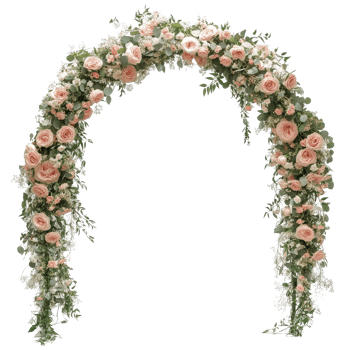 Elegant semicircle wedding arch adorned with roses and greenery on a transparent background for special ceremonies, semi circle wedding arch isolated on transparent background png