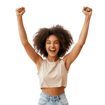 A young woman joyfully celebrating with raised arms and a bright smile during a cheerful moment, file no background Young woman celebrating with raised arms png