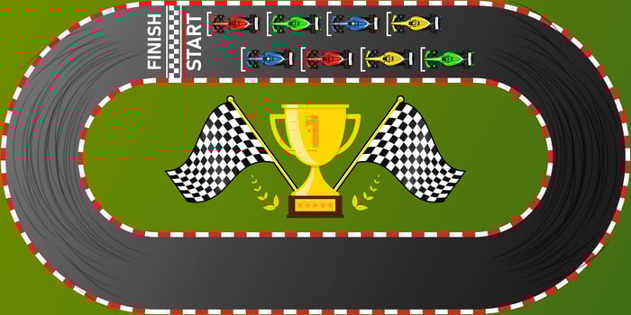 Circuit finish line Pro racing background top view illustration. Trophy Flags vector