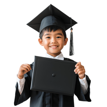 Happy Asian school child graduate proudly displaying diploma in cap and gown, Happy Asian school kid graduate holding graduation cap isolated transparent background png