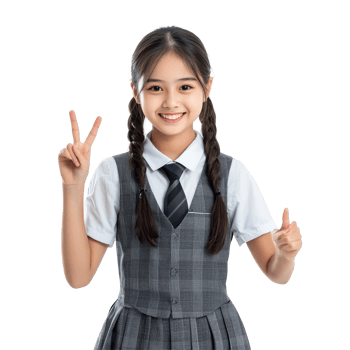 Cheerful Asian student girl in school uniform happily showing victory signs in a bright classroom setting, Happy braces Asian student girl in school uniform arm crossed png