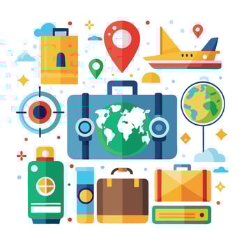 travel and tourism icons set with luggage, map, globe and other items vector