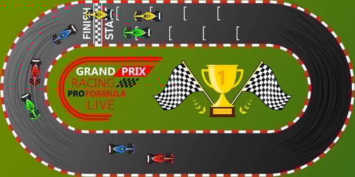 Circuit finish line racing background top view illustration. Grand Prix Trophy Flags Kart Car racing on an asphalt road vector
