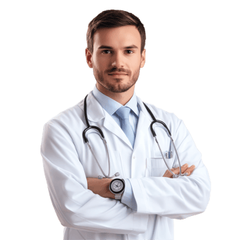 Online doctor in a transparent coat with a stethoscope demonstrating professionalism and care, file no background Online doctor and medical service png