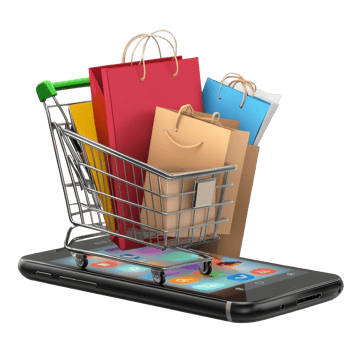 Exciting online shopping event featuring a smartphone and shopping cart filled with colorful bags, file no background Online shopping big sale on smartphone png