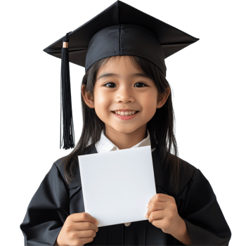 Happy Asian school kid graduate celebrating with diploma in hand in a joyful moment of achievement, Happy Asian school kid graduate holding graduation cap isolated transparent background png