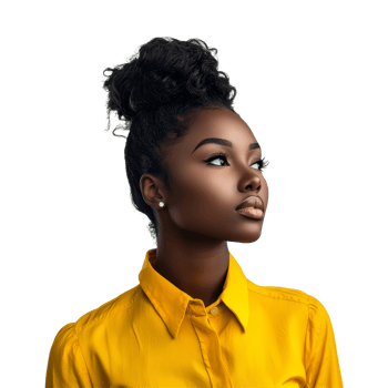 Stunning portrait of a beautiful black woman in a yellow shirt against a plain background, portrait of a black beautiful woman with yellow shirt isolated on transparent background png