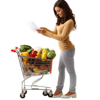 A woman checks her shopping list next to a full grocery cart in a bright and clean space, file no background Woman with full shopping cart writing a list png