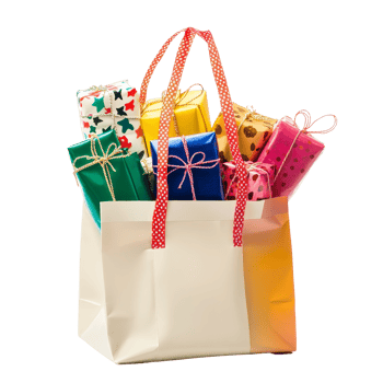 A colorful shopping bag filled with beautifully wrapped gifts ready for special occasions and celebrations, Shopping bag full of gifts isolated on with background png