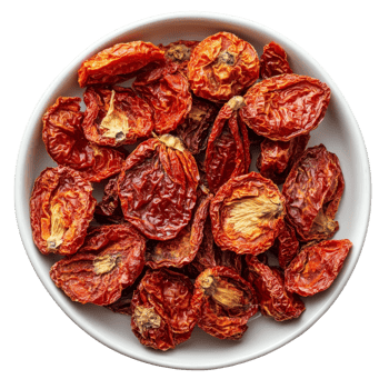 Dried tomatoes in a transparent plate isolated on a clean background, showcasing vibrant colors and unique textures, dried tomato in plate isolated on transparent background png