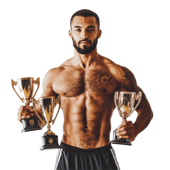 Fit male athlete proudly displays multiple trophies against a clean transparent background after a successful competition, Fit Male Athlete with Trophies on transparent background png