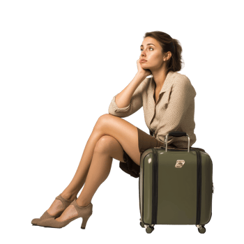 Tired woman sitting beside her luggage, waiting at the airport for her next flight during a long travel day, file no background Tired woman waiting with a trolley bag png