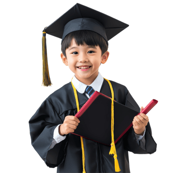 Joyful Asian school kid celebrating graduation while holding diploma and wearing cap in a studio setting, Happy Asian school kid graduate holding graduation cap isolated transparent background png