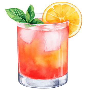 A watercolor illustration of a cocktail with orange slices and mint leaves png