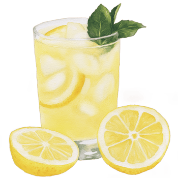 A glass of lemonade with slices of lemon png