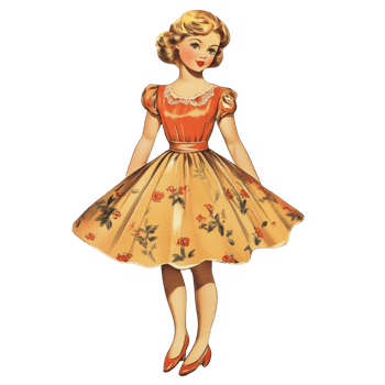 Vintage paper doll in a floral dress showcasing nostalgic fashion from a bygone era, Featuring a vintage 1950s paper doll presented on a transparent background png