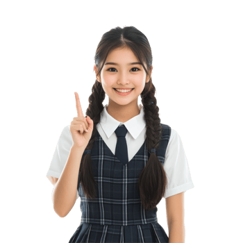 Happy Asian student girl in school uniform smiles while raising her finger, expressing excitement and engagement indoors, Happy pretty Asian student girl in school uniform isolated transparent png