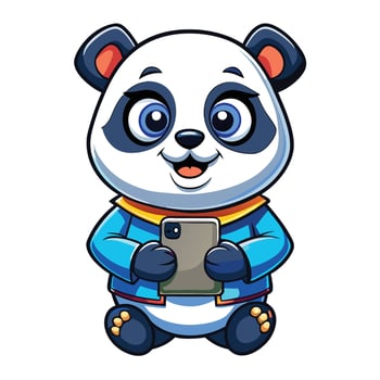 a cartoon panda bear holding a cell phone white background vector
