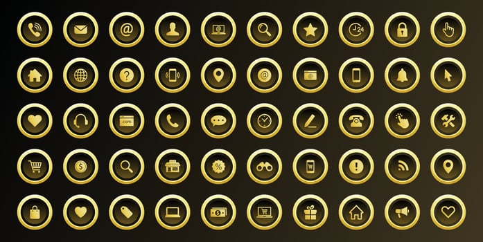 Gold Communication and UI Icon Set Featuring Message User Call Location Contact and Mobile Symbols in Flat Golden Theme for Website Interface App Dashboard and Business Design vector