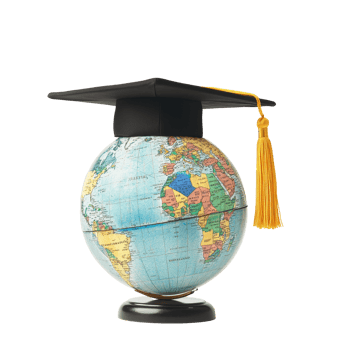 Graduation globe with mortarboard displayed on a plain transparent background to symbolize global education and achievement, Graduated Globe with Mortarboard on transparent background Global Education png