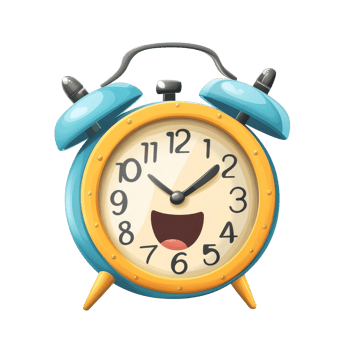 Cheerful alarm clock cartoon character smiling against a plain transparent background, Alarm clock cartoon character isolated on transparent background png