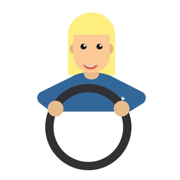 WoMan is a car driver. A man with a car steering wheel vector