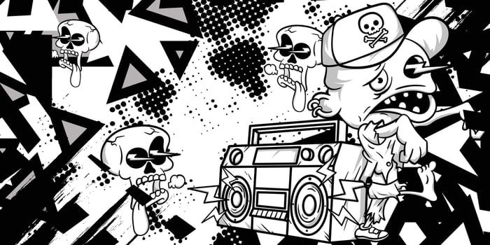 Black and white abstract background with zombie and skull objects vector