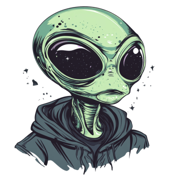 A cool alien illustration featuring a green extraterrestrial figure wearing a hoodie against a transparent background with starry accents, Cool Alien illustration on transparent background png