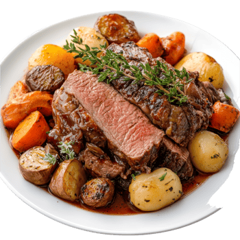 Delicious roast beef with seasoned vegetables served on a transparent plate ready for a satisfying meal, Isolated plate of roast beef with vegetables png