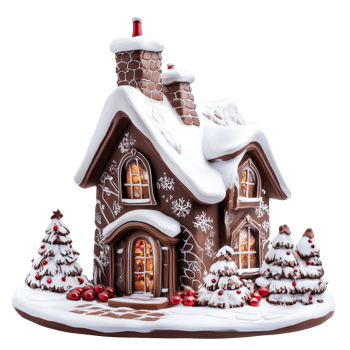 A delightful chocolate Christmas chimney house decorated with snow and surrounded by festive trees on a transparent background, Chocolate christmas chimney house, isolated on transparent background png