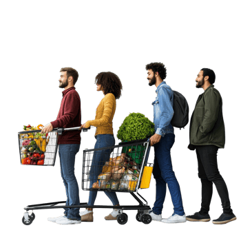 A diverse group of friends pushing shopping carts filled with groceries together in a modern store, diverse people pushing a shopping cart png